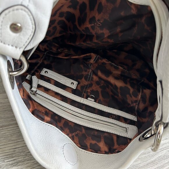 B. Makowsky White Leather Shoulder Bag Leopard Lining Boho Chic L - Picture 6 of 10